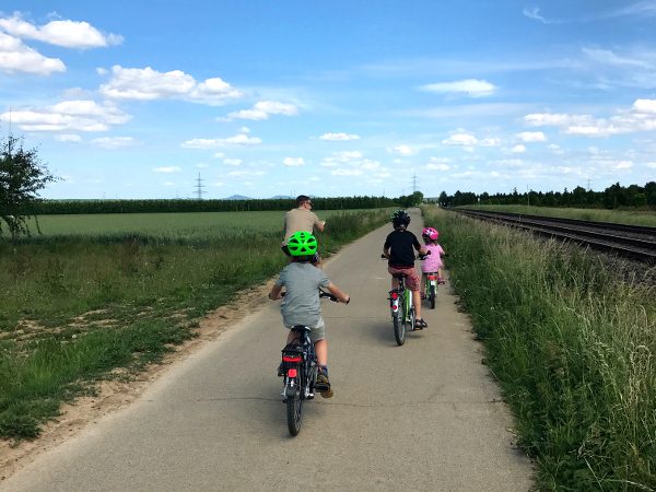 Familienradtour auf Feldweg, Radtour mit Kindern